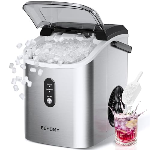 EUHOMY Nugget Ice Maker Countertop with Handle, Ready in 6 Mins, 34lbs/24H, Removable Top Cover, Auto-Cleaning, Portable Sonic Ice Maker with Basket and Scoop, for Home/Party/RV/Camping. (Silver)