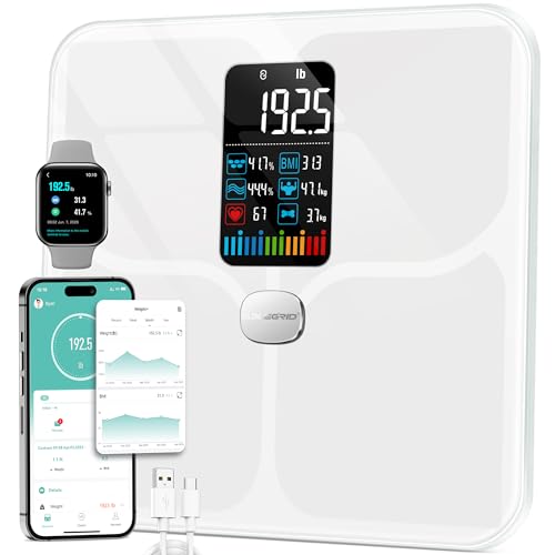 Body Fat Scale, ABLEGRID Digital Smart Bathroom Scale for Body Weight, Large LCD Display Screen, 16 Body Composition Metrics BMI, Water Weigh, Heart Rate, Baby Mode, 400lb, Rechargeable (White)