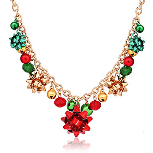 XOCARTIGE Christmas Necklace X-Mas Jingle Bell Necklaces Festive Bow Pendant Necklace Present for Women Girls (A Gold)
