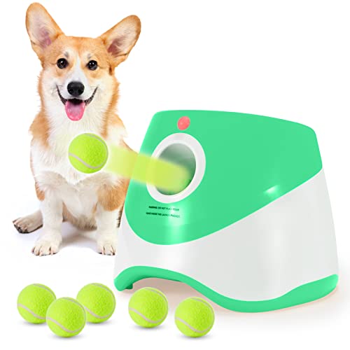 SOCO Dog Ball Launcher Automatic,10-30 FT Distance, USB Rechargeable Ball Thrower, LED Indicator Dog Toy, Included 6 Mini Tennis Balls (2') for Small and Medium Dogs, Green