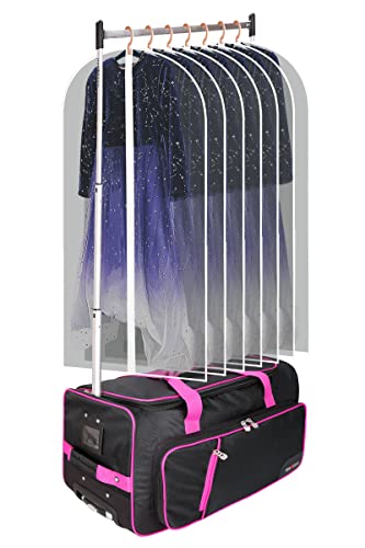Dance Bag With Garment Rack,23'Dance Competition Bags With Rack,Dance Suitcase, Rolling Garment Bag With Rack For Dancers,Werterproof Duffel Bag,Wheeled Drop-Bottom Upright Luggage Closet(Pink)