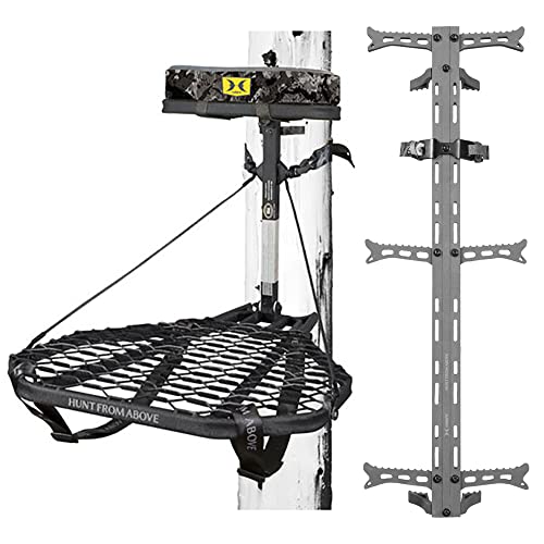 Hawk Combat Heavy Duty Hunting Tree Stand with Full Body Safety Harness, Fold Up Steps and Set of 3 Helium Climbing Sticks, Black
