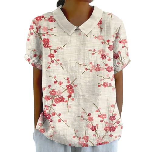 promo codes for today free Plus Size Women's Cotton Linen Thin Breathable Tops Summer Casual Short Sleeve Lapel T Shirt Vintage Floral Loose Fit Blouse Clothes（A-White,X-Large