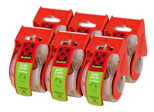 Scotch Sure Start Packing Tape, Clear, Holiday Wrapping Tape with Quiet Unwind and Easy Start, 1.88 in. x 22.2 yd., 6 Tape Rolls with Dispensers