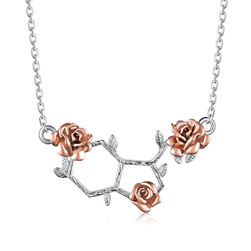 SVODEA Happiness Serotonin Molecule Necklace for Women,18K Rose Gold Plated 925 Sterling Silver Rose Flower And Hormone Serotonin Necklaces,Science Jewelry for Teacher, Gold Plated, not know