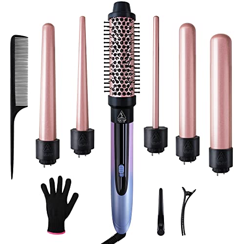 Erokicysh Curling Iron 6 in 1 Hair Curling Wand Set with Curling Brush Instant Heat Up Beach Waver Long Hair Curlers Iron 6 Interchangeable Ceramic Barrel 0.35-1.25 Inch Short Hair Crimper for Women