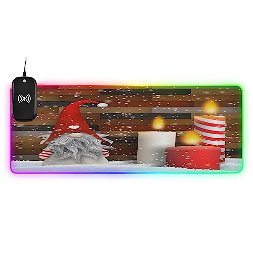 WELLDAY Christmas Dwarf Candle RGB Gaming Mouse Pad, Large Extened LED Gaming Mouse Mat - 15W Wireless Charging, 14 Light Modes Non-Slip Rubber Base Keyboard Mat 900 x 400mm / 35.4×15.7 inches