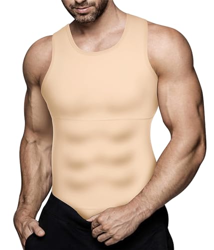Eleady Mens Slimming Body Shaper Vest Compression Shirt Abs Abdomen Shapewear Workout Tank Top Undershirt (Medium, Beige Tops)