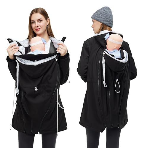 MaisMa 4-in-1 Rain Jacket Waterproof Maternity Carrying Parka for Back or Chest Wear, All-Weather, Softshell Jacket (Black, XL)