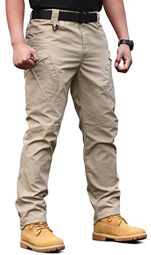 solo soplo Men's Tactical Pants Water Repellent Ripstop Cargo Pants for Combat Hiking Outdoor Lightweight Casual Multi Pocket Work Pants Khaki