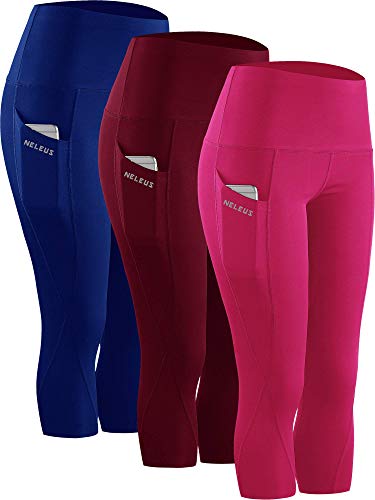 NELEUS 3 Pack Workout Running Capris Tummy Control High Waist Yoga Leggings Yoga Pants,9027,Dark red,Blue,Rose red,L,EU XL