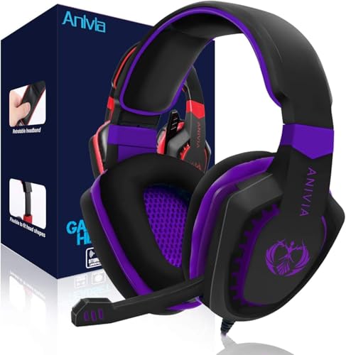 Anivia Computer Over Ear Headphones Wired with Mic Stereo Gaming Headset Noise Isolating Headsets with Volume Control, Bass Surround, Soft Memory Earmuffs for Multi-Platform -AH28plus Black Purple