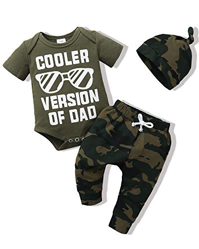 NZRVAWS Baby Boy Clothes Newborn Boy Outfit 3-6 Months Romper Short Sleeve Cooler Version Of Dad Top Camouflage Long Pants with Hat 3PC Infant Clothing Set Green