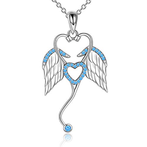 YAFEINI Nurses Week Necklaces for Women Sterling Silver Stethoscope and Angel Wing Pendant Necklace Graduation Christmas Gifts for Medical Students Doctor Teacher Nursing Female