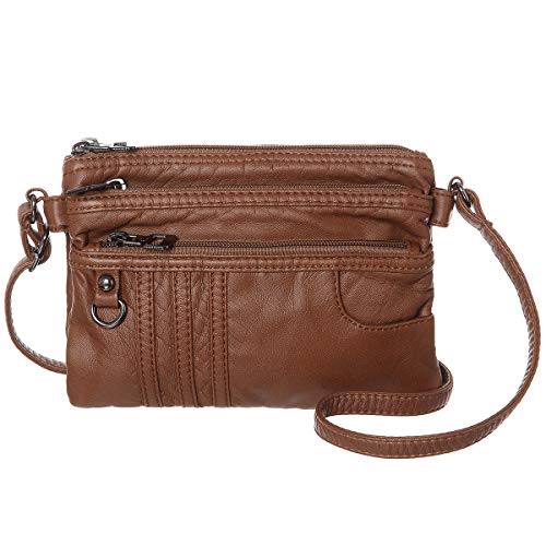 MINICAT Treble Pockets Small Crossbody Purse Soft Synthetic Leather Cell Phone Purse Wallet for Women(Brown)