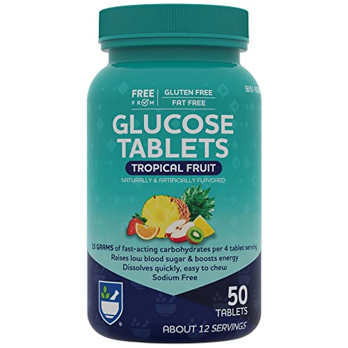 Rite Aid Glucose Tablets, Tropical Fruit Flavor - 50 Count - Low Blood Sugar Tablets - Fat Free - Gluten Free - Sodium Free - Caffeine Free - 4 Carbs per Serving