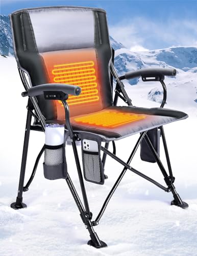 Docusvect Heated Camping Chair for Adults, Heats Back and Seat, 3 Heat Levels, Fully Padded Heated Folding Chair for Outdoor Sports with Cup Holder, Rich Pockets, Battery NOT Included