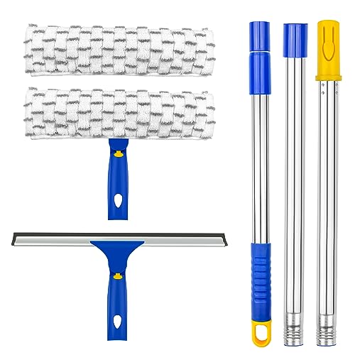 ITTAHO Squeegee for Window Cleaning,12' Squeegee and 11' Microfiber Scrubber Combi with Stainless Steel Pole,Extendable Window Cleaner for Car,Sliding Door,Shower Glass Door-Swivel Style-2 Pads