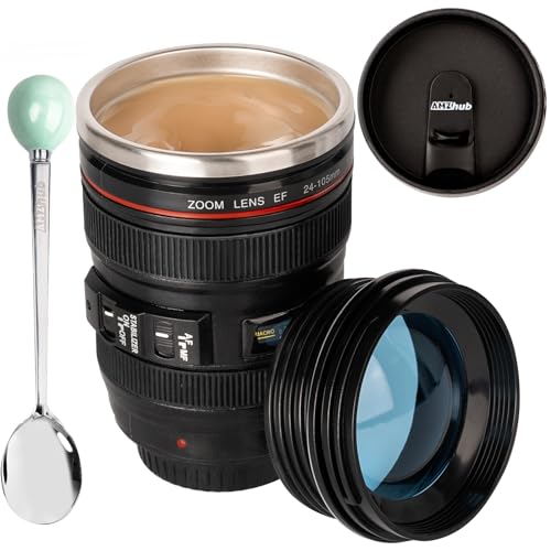 AMZHUB Camera Lens Coffee Mug,Travel Coffee Cup,Stainless Steel Lens Mug Thermos Camera Lens Mug with Lid and Spoon,Cool Gifts for Photographers Men and Women