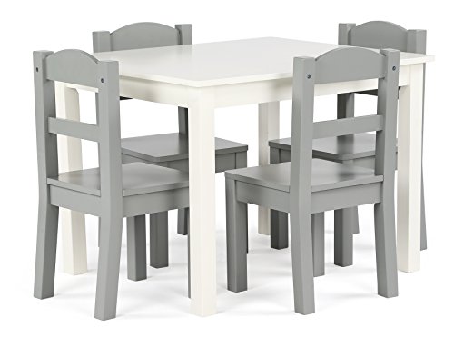 Humble Crew, White/Grey Kids Wood Table and 4 Chairs Set, 26x22x19 inches,10x10x22 inches,10 inches