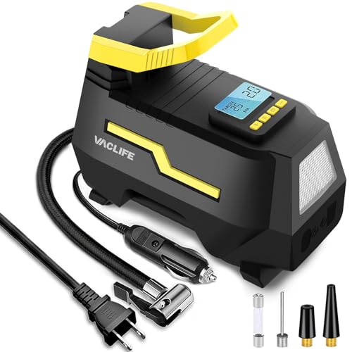 VacLife AC/DC 2-in-1 Tire Inflator - Portable Air Compressor, Pump for Car Tires (up to 50 PSI), Electric Bike 150 PSI) w/Auto Shut-Off Function, Model: ATJ-1666, Yellow (VL708)
