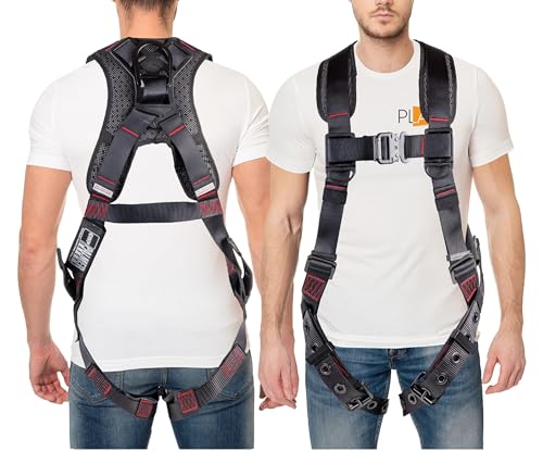 Palmer Safety ATERET Fall Protection 5pt Safety Harness, 1D-Ring, Quick-Connect Buckle, Grommet Legs, Sewn in Back Pad I OSHA ANSI Compliant Personal Equipment (Black - Universal)