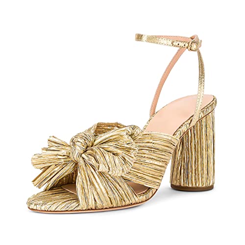 MICIFA Gold Bow Heels for Women, Ankle Strap Block Chunky Heels Open Toe Bow Knot Heeled Sandals Bride Wedding Shoes