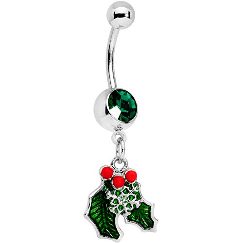 Body Candy 14G 12mm 316L Steel Navel Ring Green Accent Winter Snow Mistletoe Belly Button Ring 1/2'