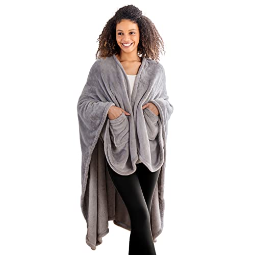 Berkshire Primalush Wearable Blanket,Cozy Loungewear Pocketed Plush Cape Wrap for Adults & Teens(Pebble Gray,One Size 58'X64')