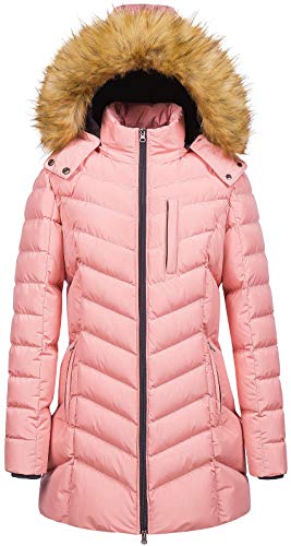 CREATMO US Women's Waterproof Tear Resistant Hooded Warm Long Durable Puffer Coat Pink L