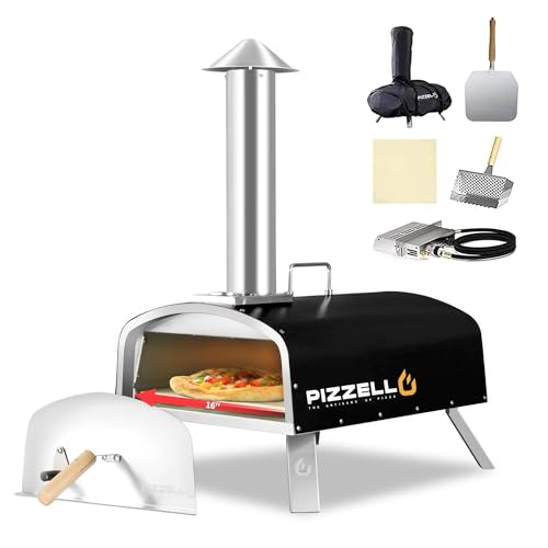 PIZZELLO 16' Outdoor Pizza Oven Propane & Wood Fired Stainless Steel Pizza Grill with Gas Burner, Wood Tray Pizza Stone, Pizza Peel, Carry Bag, Pizzello Forte Gas (Black)