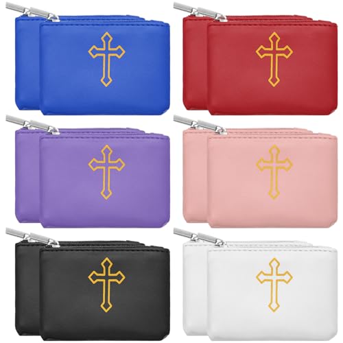 Shinylin 12 Pcs Leather Rosary Pouch Rosary Case with Zipper Rosary Beads Holder Case PU Leather Rosary Case for Men and Women, 6 Colors