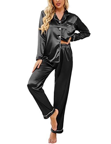 Ekouaer Womens Silk Satin Pajamas Set Black Loungewear Two Piece Sleepwear Button Down Pj Set(02 Black,Large)