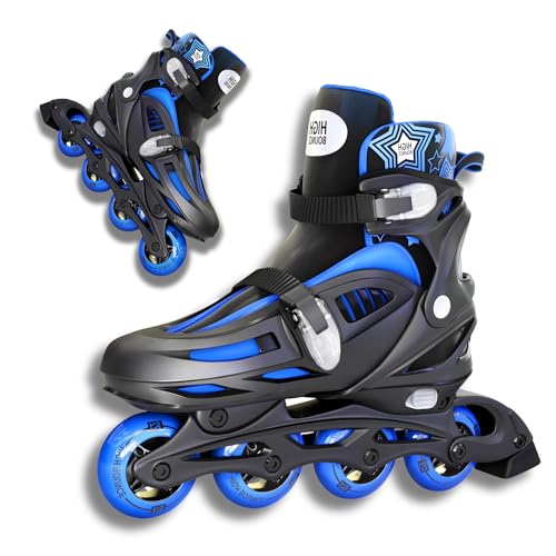 Inline Skates for Girls and Boys, Skates with Gel Wheels Adjustable Sizing for Adults and Kids, Inline Skates for Adult Female, Male, Lightweight Skates, High Bounce, Blue