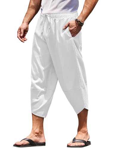 COOFANDY Men's Linen Harem Capri Pants Lightweight Loose 3/4 Shorts Drawstring Elastic Waist Casual Beach Yoga Trousers White