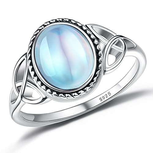 ADRAMATA 925 Sterling Silver Moonstone Ring for Women 18K White Gold Plated Rainbow Moon Stone Rings Victorian Style Gemstone Solitaire Oval Moonstone Ring Size 7