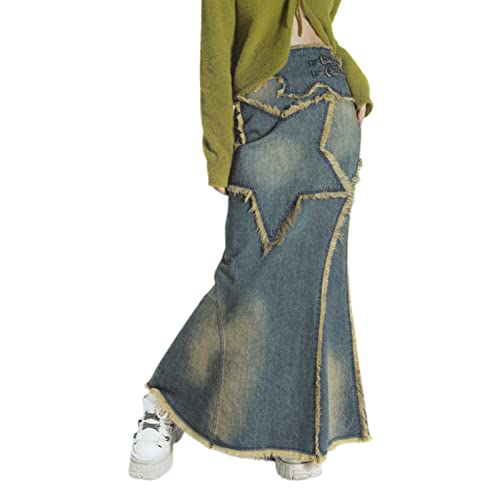 Women Y2k Fairy Vintage Denim Maxi Skirts Star PrintAesthetic Grunge Tassels Long Skirts Retro Mall Goth Streetwear (Blue, S)