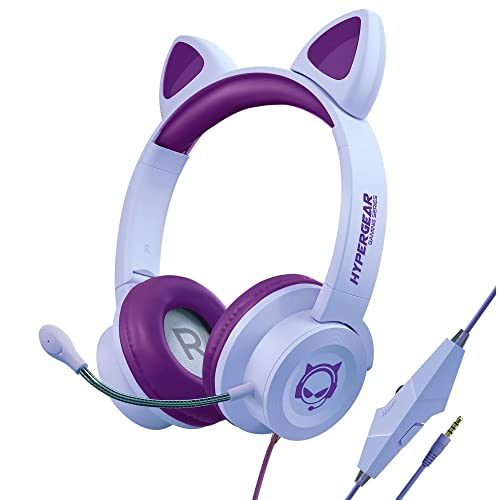 Cat Ears Gaming Headset with Detachable Mic, HyperGear Portable/Foldable Wired Headphones with In-Line Control for Kids Chatting with Classmates, Teammates, Gaming, PC/Mac & Most Devices (Purple)15554