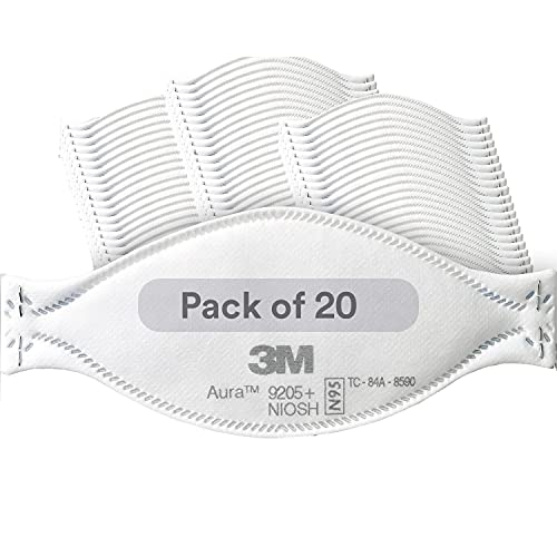 3M Aura Particulate Respirator 9205+, N95, Pack of 20 Disposable Respirators, Individually Wrapped, 3 Panel Flat Fold Design Allows for Facial Movements, Comfortable, NIOSH Approved, Smoke