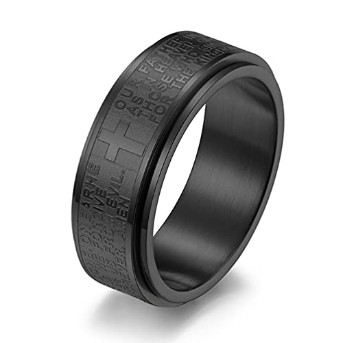 INRENG 8MM Men's Women's Stainless Steel Christian Bible Verse Lord's Prayer Cross Spinner Ring Wedding Band Black Size 11