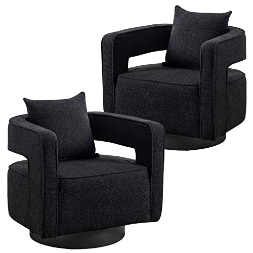 HANLIVES Swivel Barrel Chair Set of 2 | 360 Degree Teddy Round Swivel Boucle Chairs with Pillow | Modern Comfy Accent Open Back Chair Single Chair Armchair for Living Room Bedroom(Black*2)