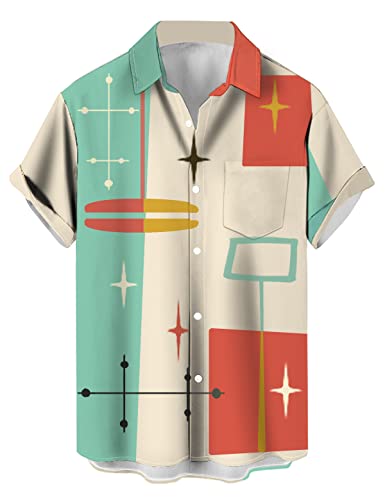 QIVICIMA Men's Retro Bowling Shirts 50s Rockabilly Style Button Down Shirts Cuban Style Camp Shirt C63 Retro M