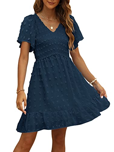 TECREW Women's Smocked Flutter Sleeve V Neck Mini Swiss Dot Ruffle Hem Babydoll Dress, DarkBlue, Large