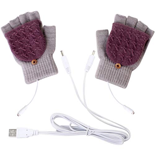 Petyoung Unisex USB Heated Gloves, Winter Full & Half Fingers Warmer Laptop Gloves Mittens for Women Men Girls Boys- Best Winter Gift Choice (Light Gray + Purple)