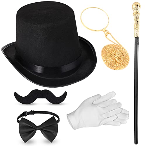 Jadive 6 Pcs 1920s Mens Accessories Gentleman Costume for Men Gentlemen Costume Hat Round Head Scepter Magnifying Glass Necklace Bow Tie Gloves Beard for Wedding Cosplay Party