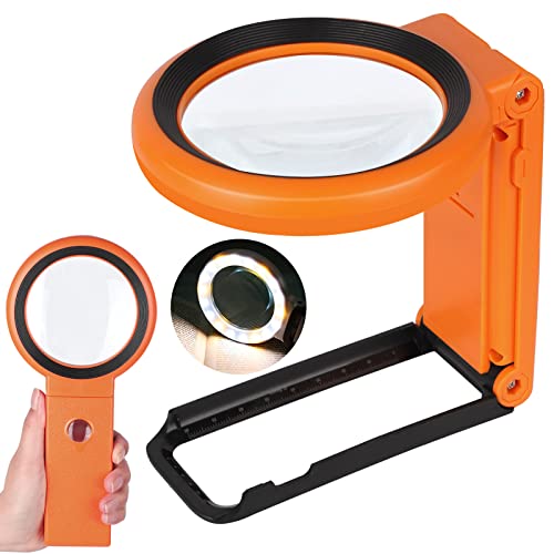 30X 40X Magnifying Glass with Light and Stand, Foldable Handheld Magnifying Glass 18 LED Illuminated Lighted Magnifier for Macular Degeneration, Seniors Reading, Close Work, Coins, Jewelry (Orange)