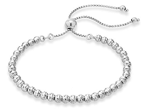 Miabella 925 Sterling Silver or Yellow Gold Over Silver Diamond-Cut Adjustable Bolo 4mm Bead Bracelet for Women, Handmade Italian Beaded Ball Chain Bracelet (sterling silver)