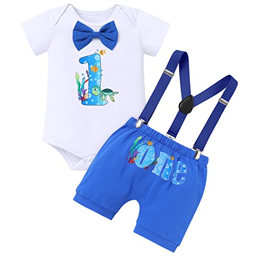 Baby Boy Ocean Theme My First 1st Birthday Smash Cake Outfit Under the Sea Party Supplies Bow Tie Romper Shorts Suspenders 3pcs Set for Baby Shower One Year Old Photo Shooting Royal Blue Turtle 1T