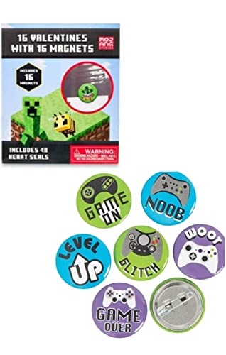 Gaming Next Level Gamer Scratch-Off Valentine Exchange Cards, 5in x 3.7in, 16ct, 16 Gamer Buttons and 16 pencil, Valentines day classroom Exchange for Gamer Fans (16 cards and pin buttons)