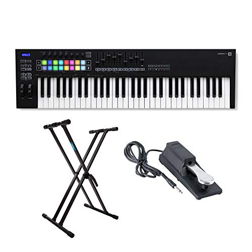 Novation Launchkey MK3 61-Key USB MIDI Keyboard Controller Bundle with Adjustable Double X Keyboard Stand and Sustain Pedal (3 Items)